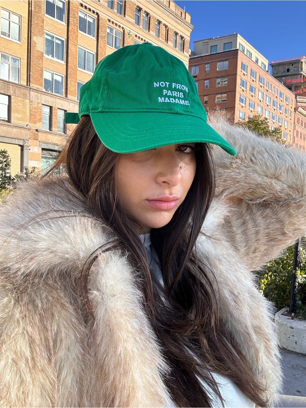 Green ‘Not From Paris Madame' Embroidered Baseball Cap
